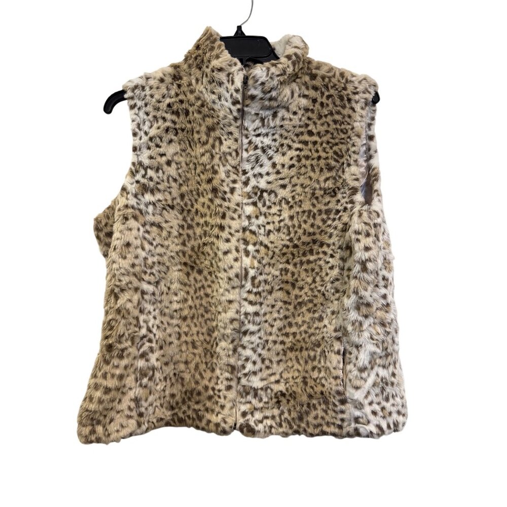 Coldwater Creek XL Faux Fur Leopard Print Vest With Front Zip Closure
